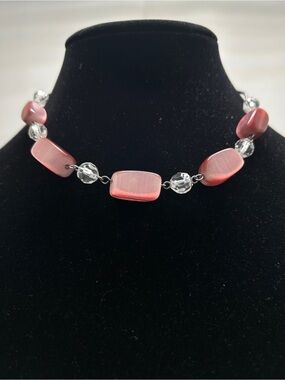 Vintage Pink Moonstone, Clear Crystal And Silver Short Choker Necklace